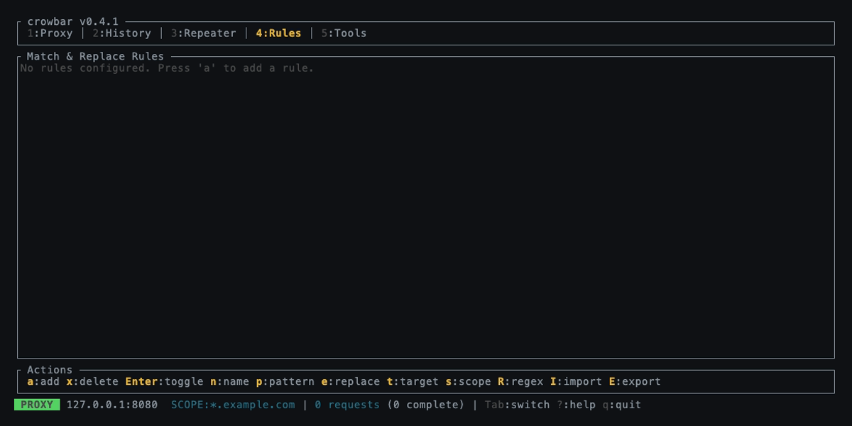 Crowbar TUI  - Rules tab